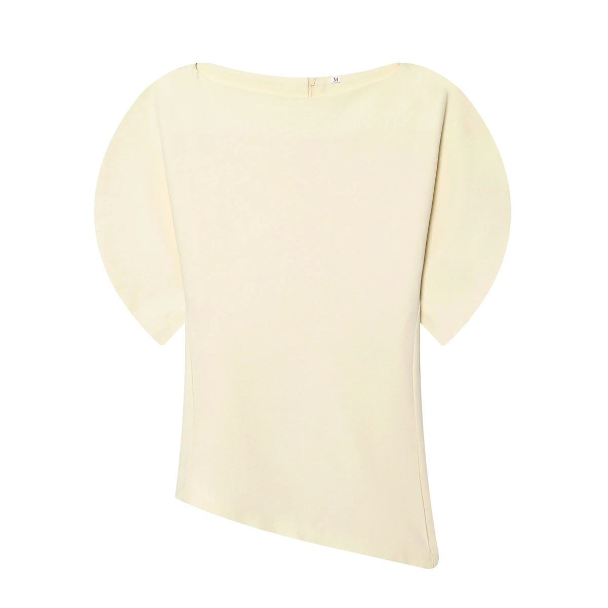 Women's Round Neck Blouse with Short Puff Sleeves and an Asymmetric Hem