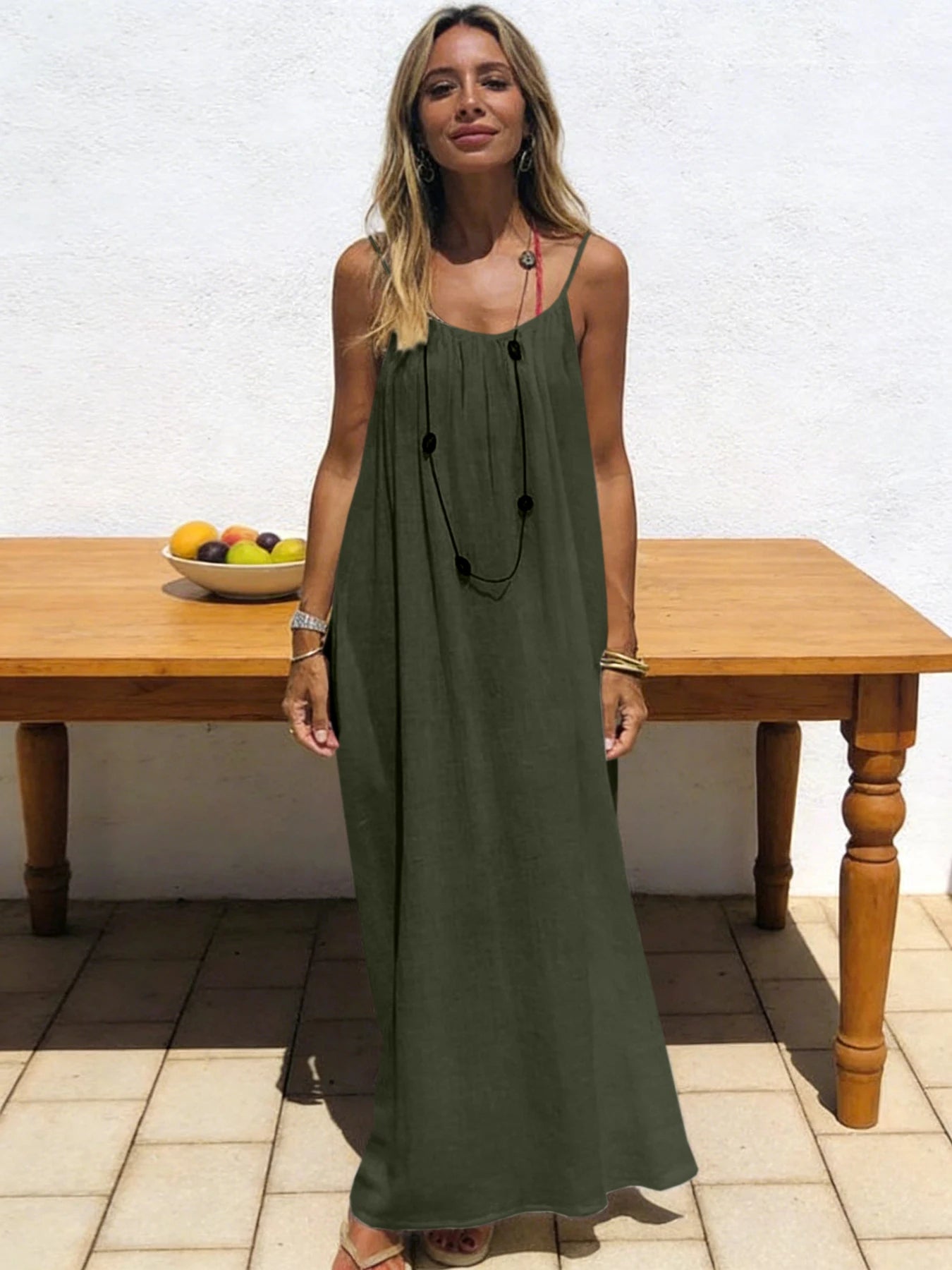 Women's Loose V Neck Spaghetti Strap Maxi Dress For Casual Outfits