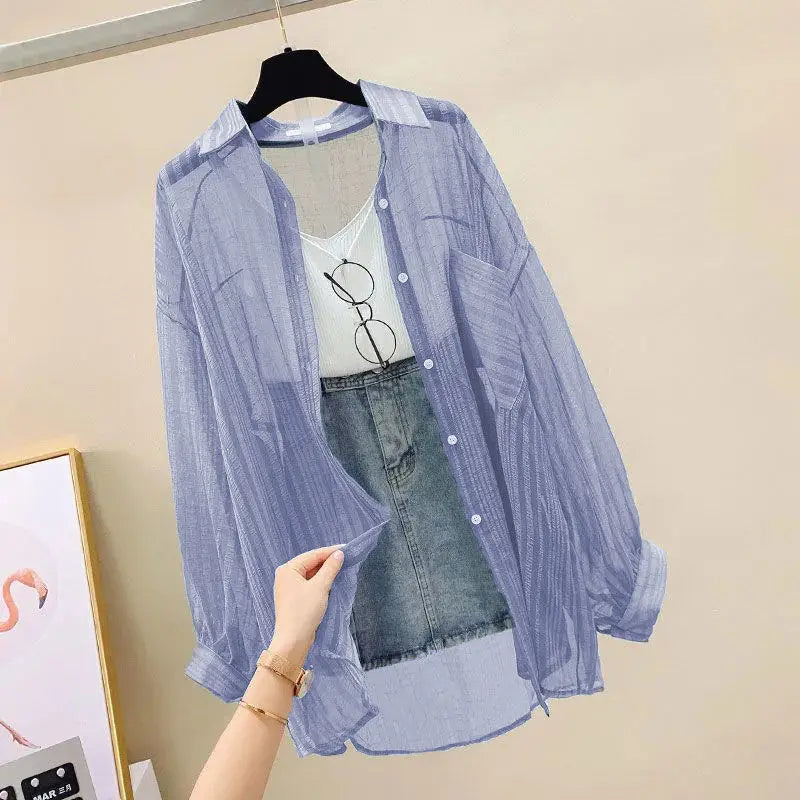 Women's Sheer Collared Long Sleeve Button Front Shirt