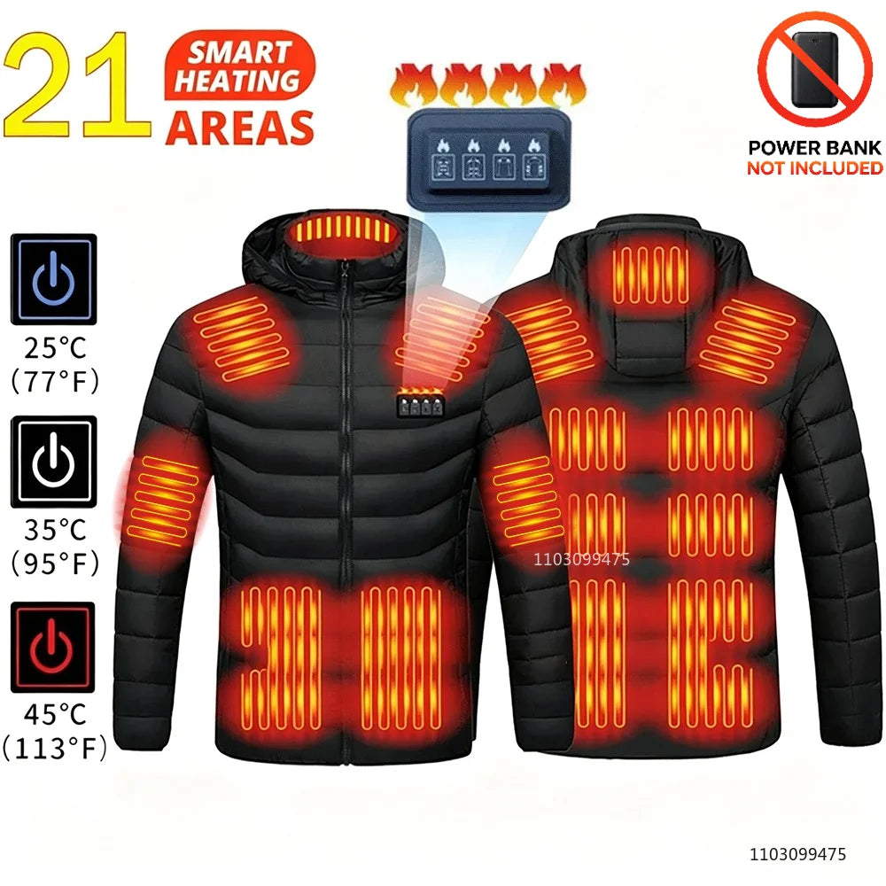 USB Heated Hooded Full Zip Long Sleeve Outdoor Jacket