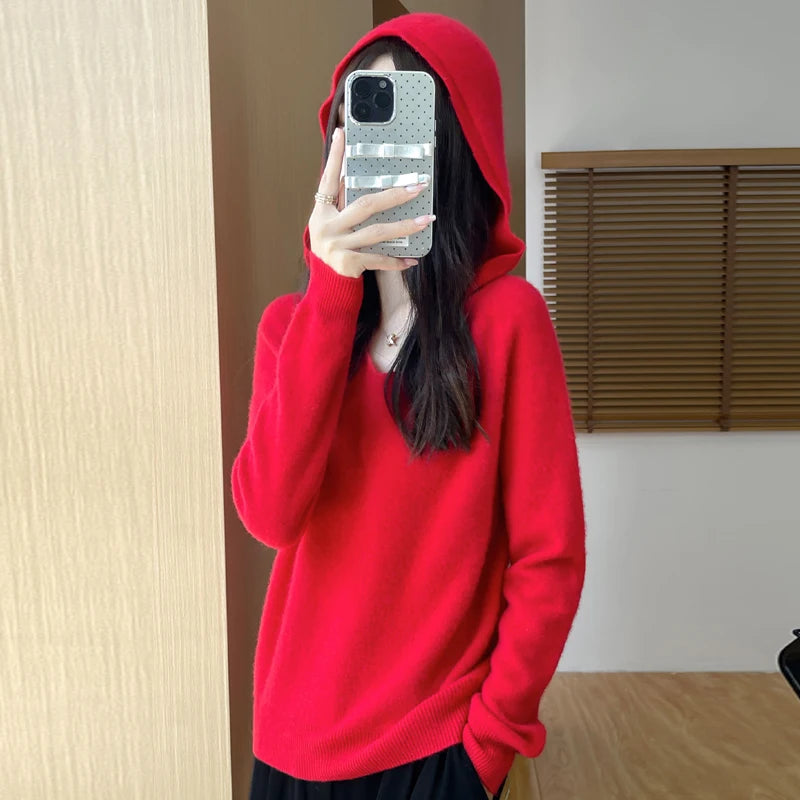 Women's V Neck And Hooded Knit Styles Sweater