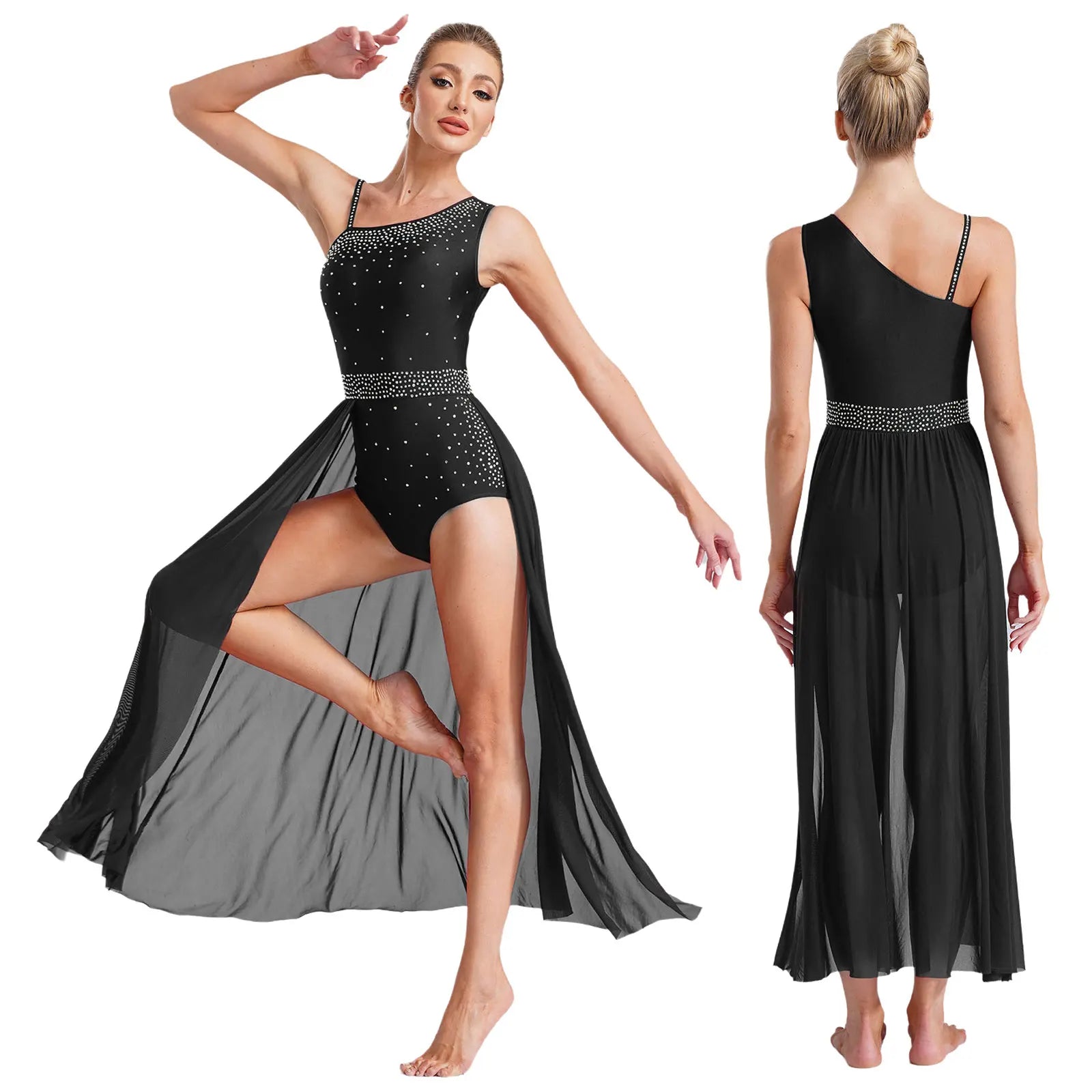 Women's Asymmetric Rhinestone Dance Dress with Split Mesh Skirt Styles