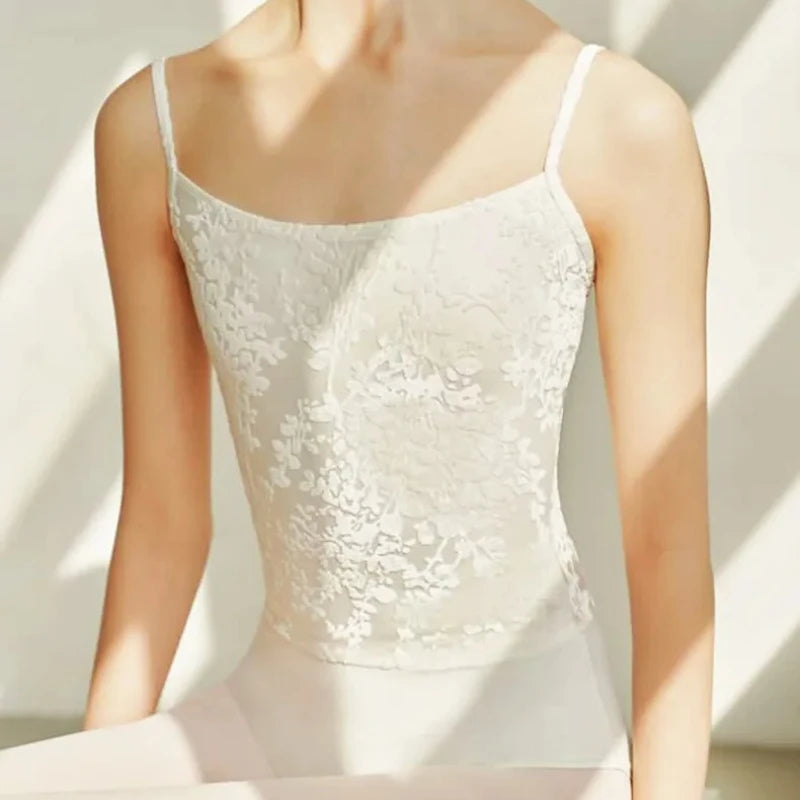 Women's Floral Lace Camisole Ballet Leotard with Low Back Design