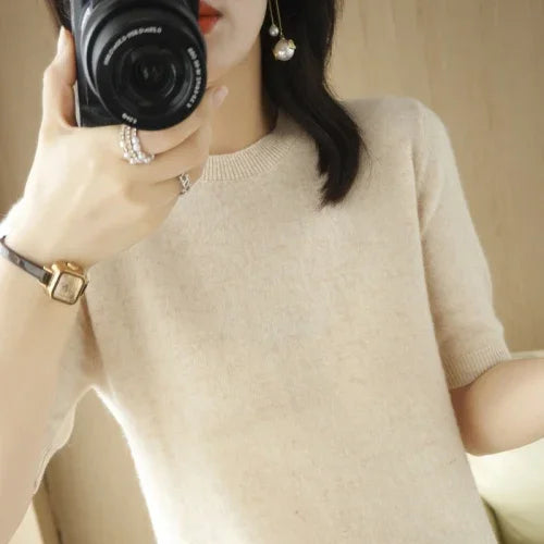 Women's Crew Neck Short Sleeve Sweater Casual Knit Layer