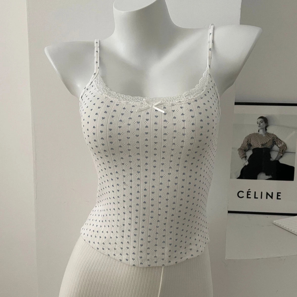 Women's Lace Trim Cotton Camisole with Bow Detail and Multiple Pattern Options