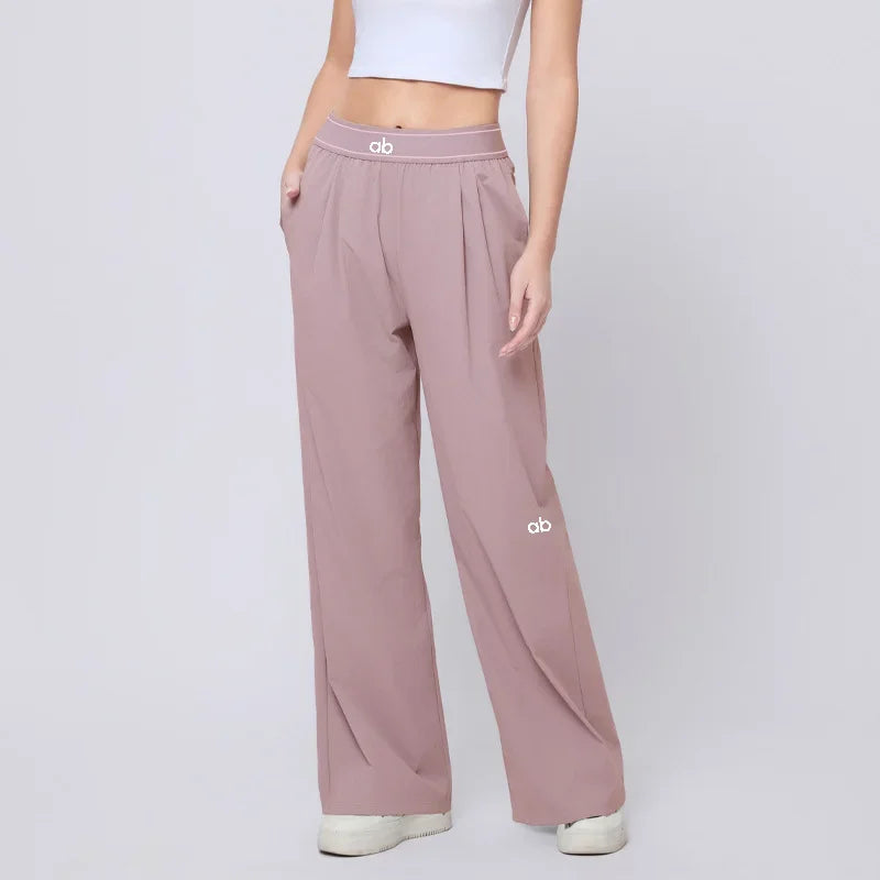Women's Drawstring Waist Polyester Blend Wide Leg Pants for Casual Workouts