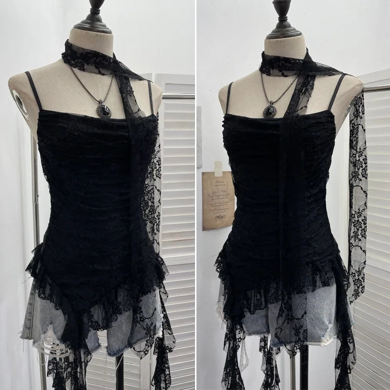 Women's Ruffled Polyester Camisole with Lace Trim and Asymmetric Style Options