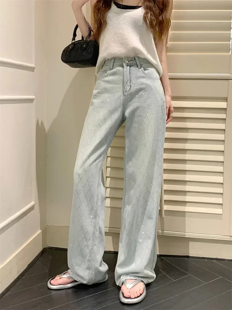 Women's Argyle Diamond Pattern Wide Leg Denim Jeans