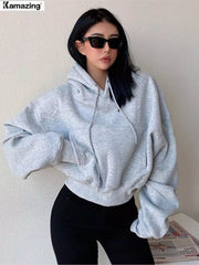 Winter Women Solid Fleece Hoodies Clothing Long Sleeve Tops Loose Pocket Sweatshirt Female Casual Pullover