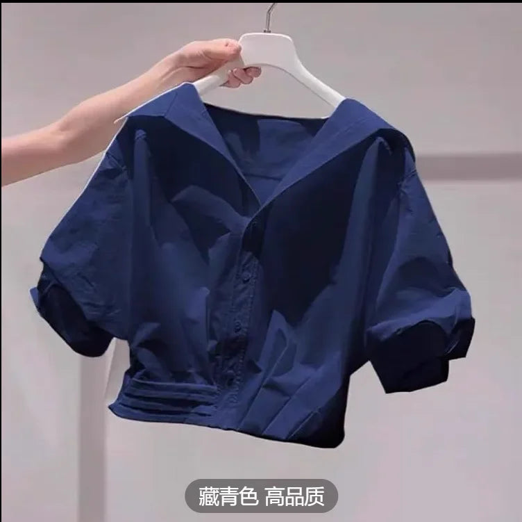 Women's Cropped Round Neck Puff Sleeve Button Front Shirt