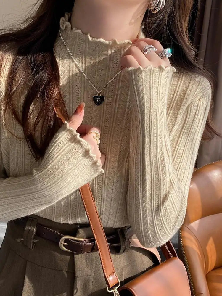 Women's Lettuce Trim Mock Neck Ribbed Sweater Casual Knit Layer