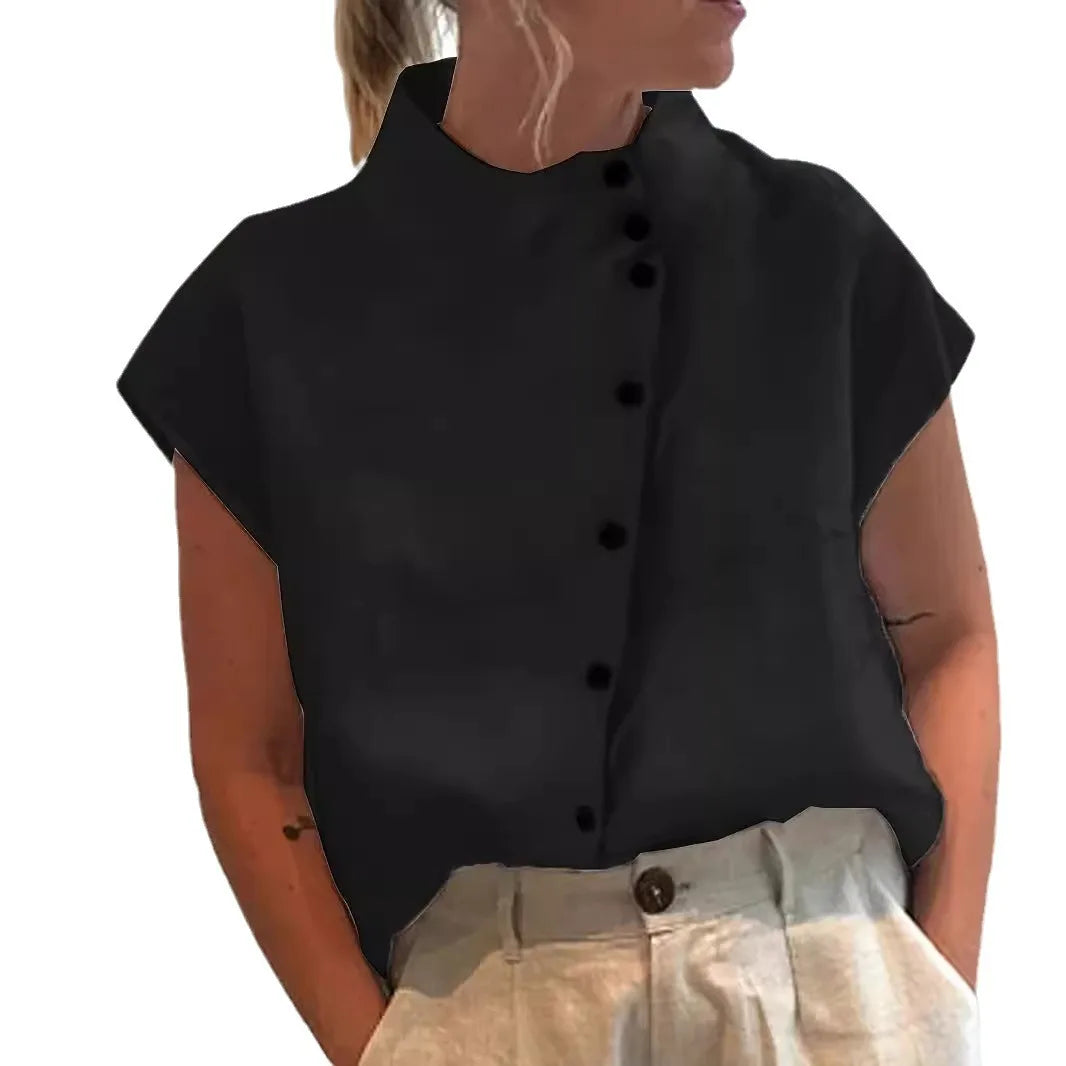 Women's Stand Collar Short Sleeve Button Front Shirt