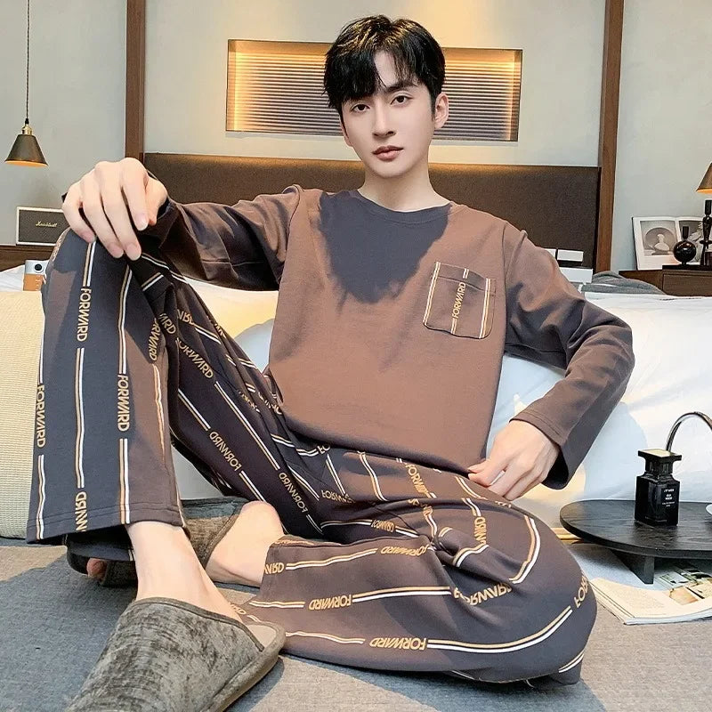Men's Printed Long Sleeve Crew Neck Top and Pants Pajama Set