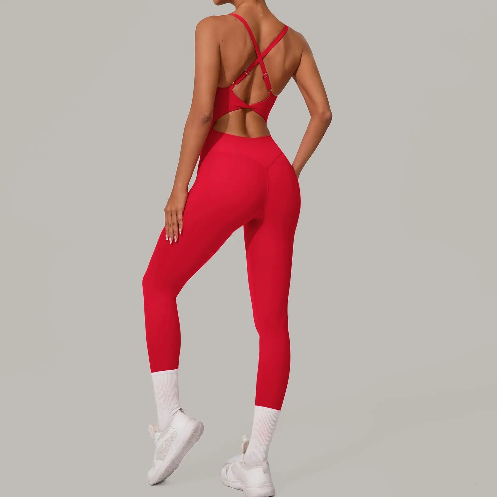 Women's Thin Strap Workout Jumpsuit with Crisscross Back and Fitted Legs