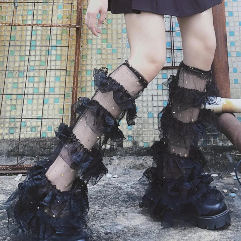 Black Layered Lace Leg Warmers with Ruffled Tier Design