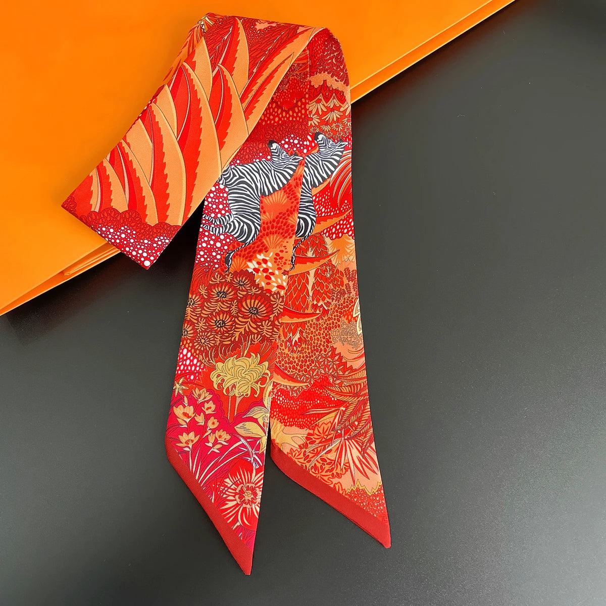 Colorful Printed Skinny Ribbon Scarf with Tie Ends