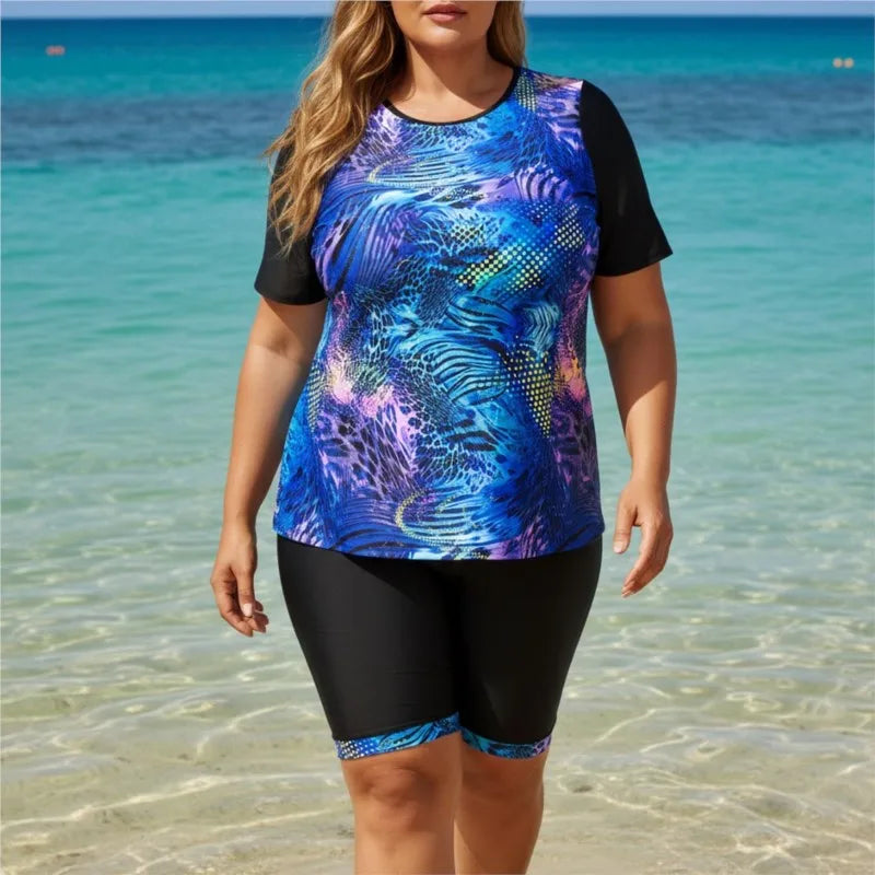 Women's Printed Short Sleeve Swim Top and Long Shorts Set