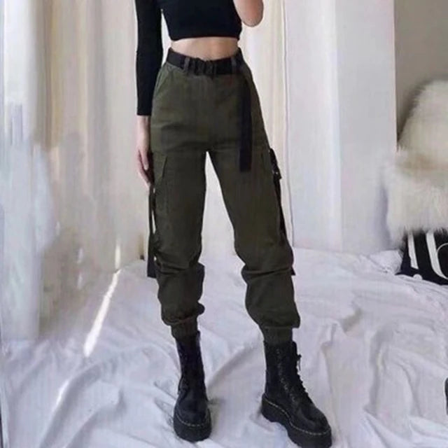 Women's Black Cargo Joggers with Straps and Elastic Ankle Cuffs