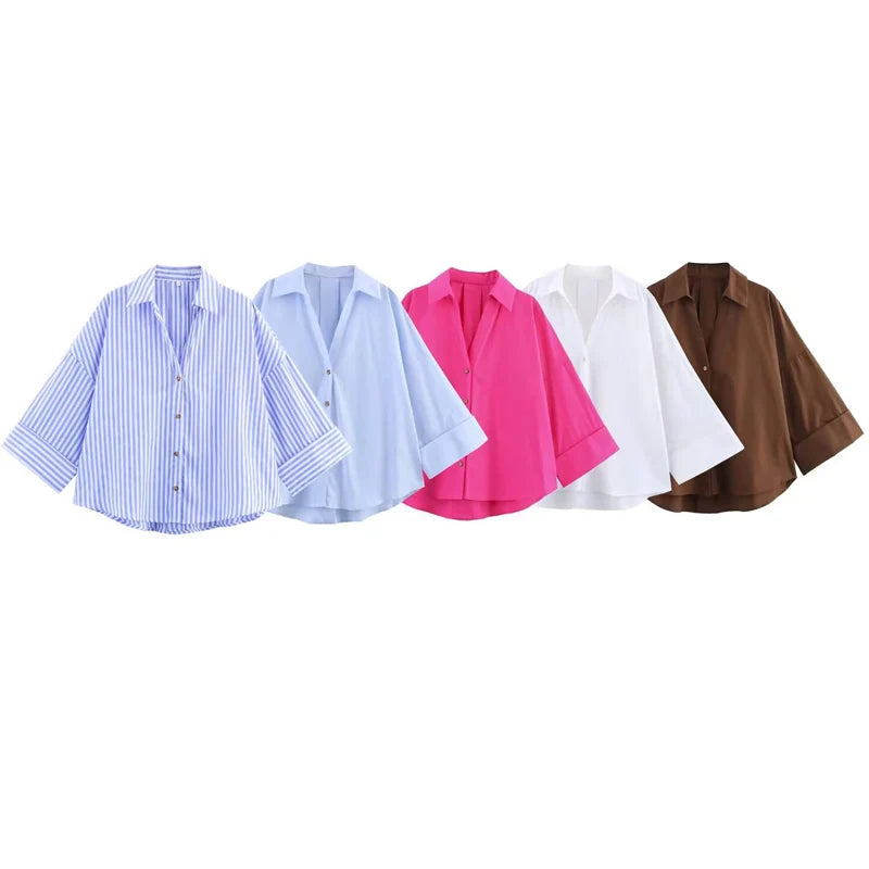 Women's Striped Wide Sleeve Cropped Button Front Shirt