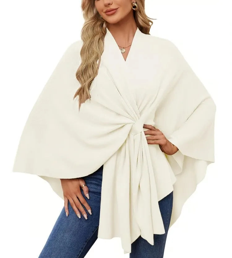 Ribbed Open Front Drape Poncho for Layering over Outfits