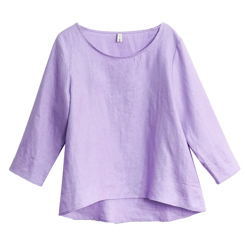 Women's Linen Loose Round-Neck Three-Quarter-Sleeve Blouse with Asymmetric Hem for Summer Outfits