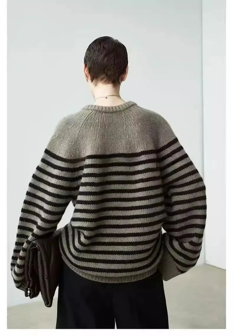 High-end V-neck striped 100% wool knitted sweater loose pullover sweater women wool base layer