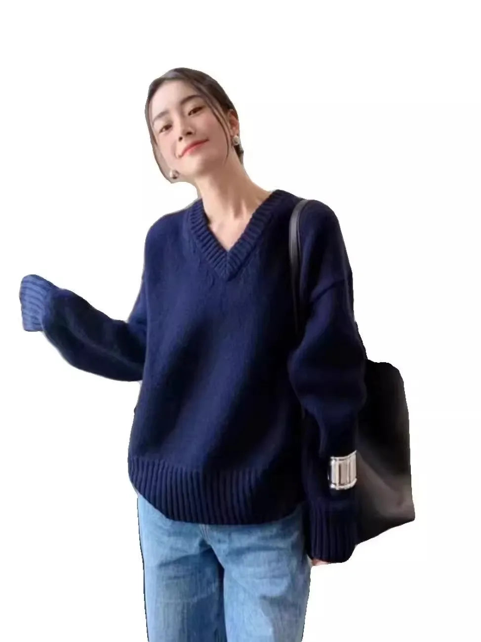 V-neck 100 pure wool sweater for women in autumn and winter, loose and thick sweater, long-sleeved knitted top