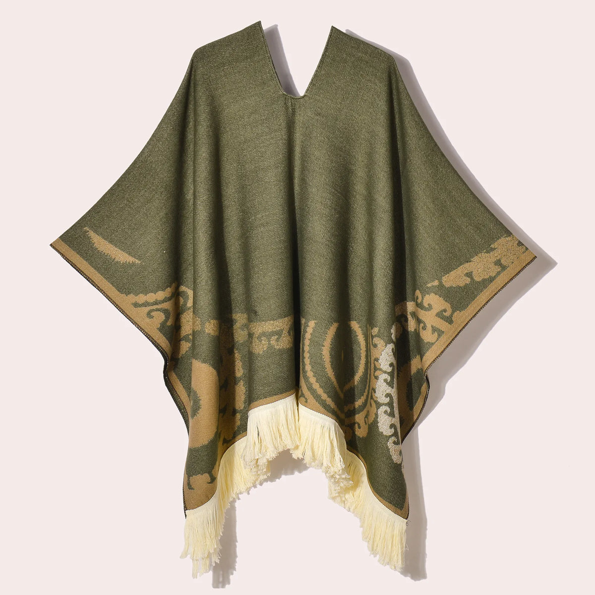 Geometric Pattern Fringe Poncho for Layering over Outfits