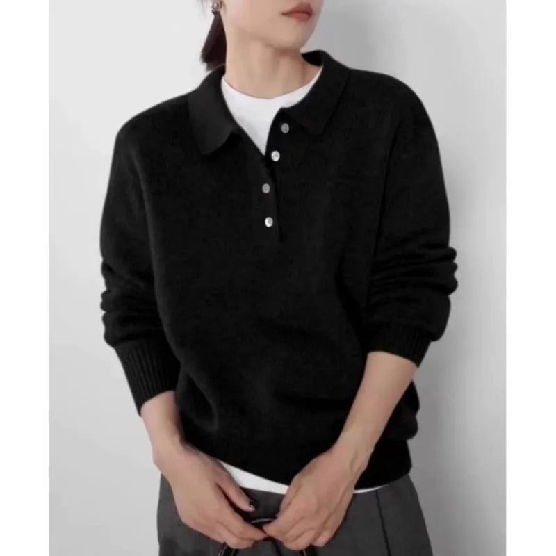 Elegant POLO semi-open neck 100%wool knitted sweater women loose long-sleeved base sweater autumn and winter