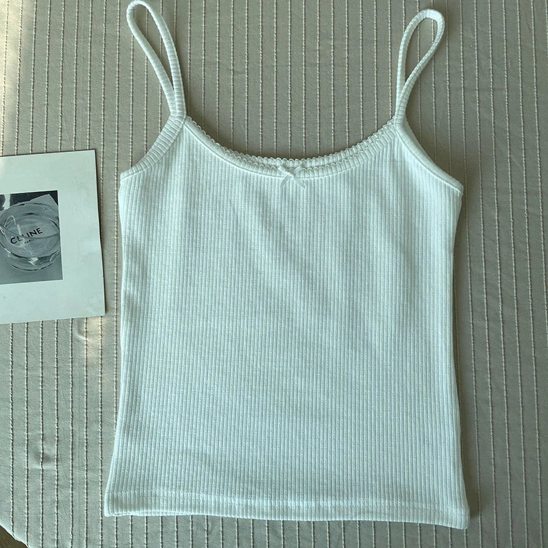 Women's Lace Trim Cotton Camisole with Bow Detail and Multiple Pattern Options