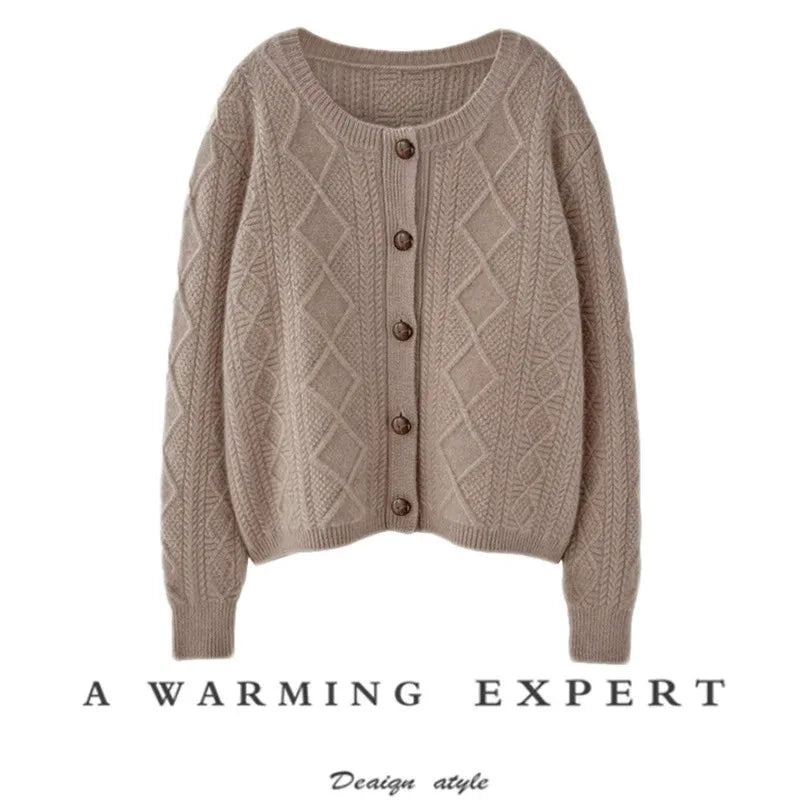 new autumn and winter cashmere twisted floral women's round neck cardigan sweater loose 100%wool