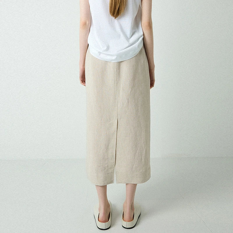 Women's Linen Straight Midi Skirt with Pockets for Casual Summer Everyday Outfits