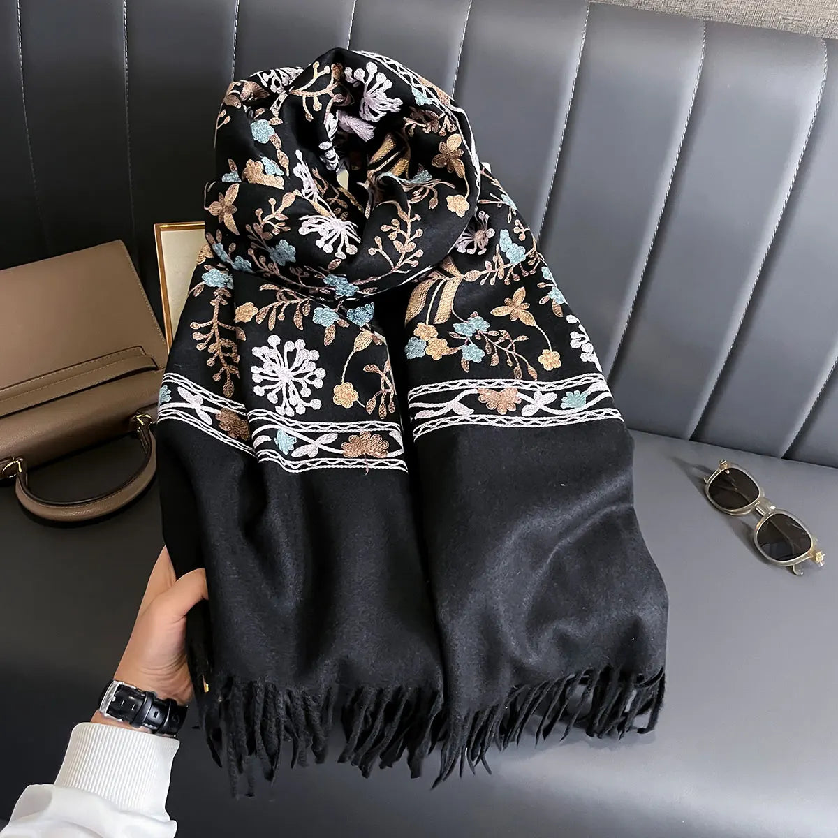 Patterned Fringed Scarf with Decorative Floral Embroidery Design