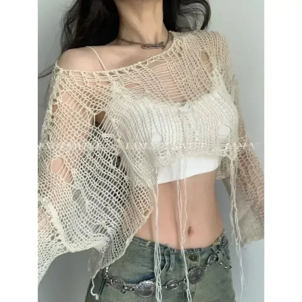 Women's Cotton-Polyester Hollow-Out Cropped Long-Sleeve Loose Knit Pullover Sweater for Layered Outfits