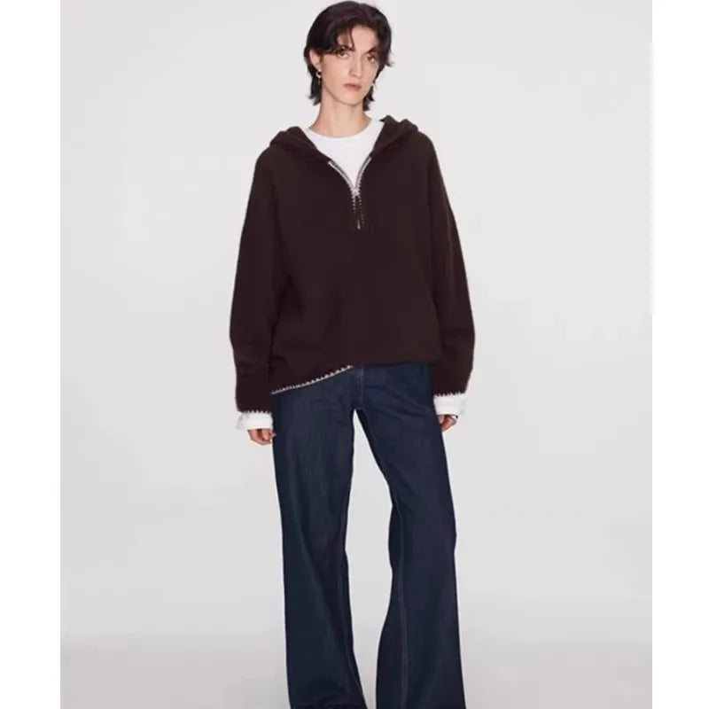 High-end half-zipper hooded 100% cashmere knitted sweater women loose and thick sweater base hoodie top