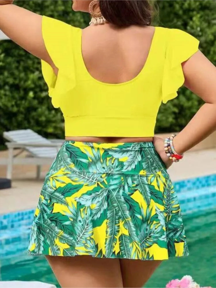 Women's Flutter Sleeve Crop Top and Printed Skirted Bikini Set