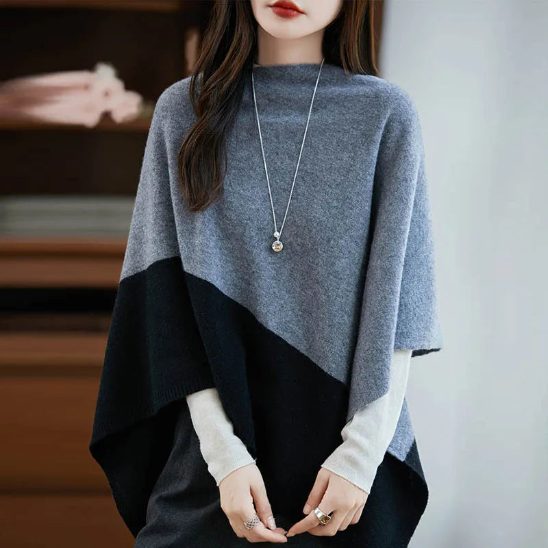 Contrast Block Asymmetric Poncho for Layering over Outfits