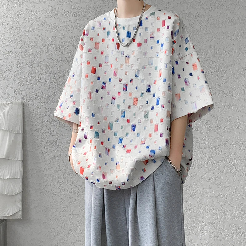 Summer Short Sleeved T-shirt Men Hollow Out Oversized Plaid T Shirt Men Streetwear Hip Hop Loose Casual Tshirt Male 5XL