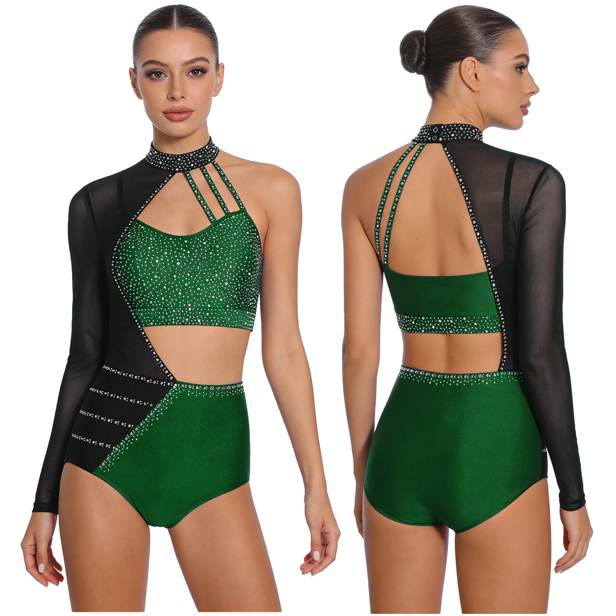 Women's Asymmetric Rhinestone Dance Bodysuit with Cutouts and Mesh Sleeve