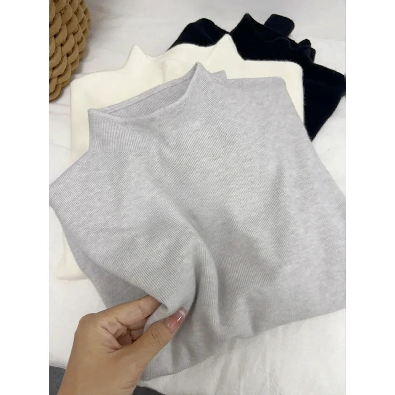 Women's Plain Mock Neck Knit Sweater Casual Knit Layer