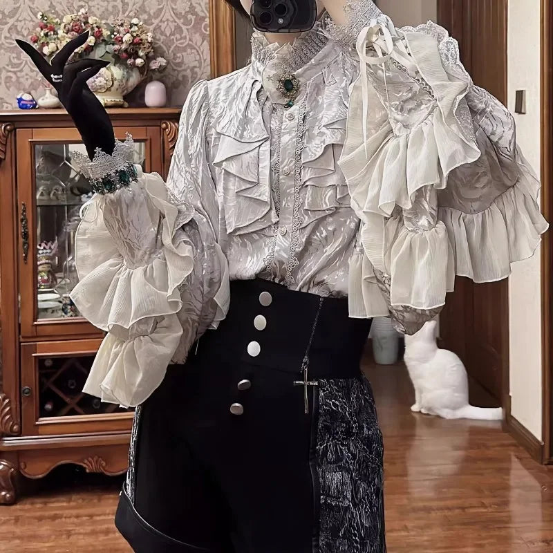 Women's Ruffled Stand Collar Long Sleeve Blouse