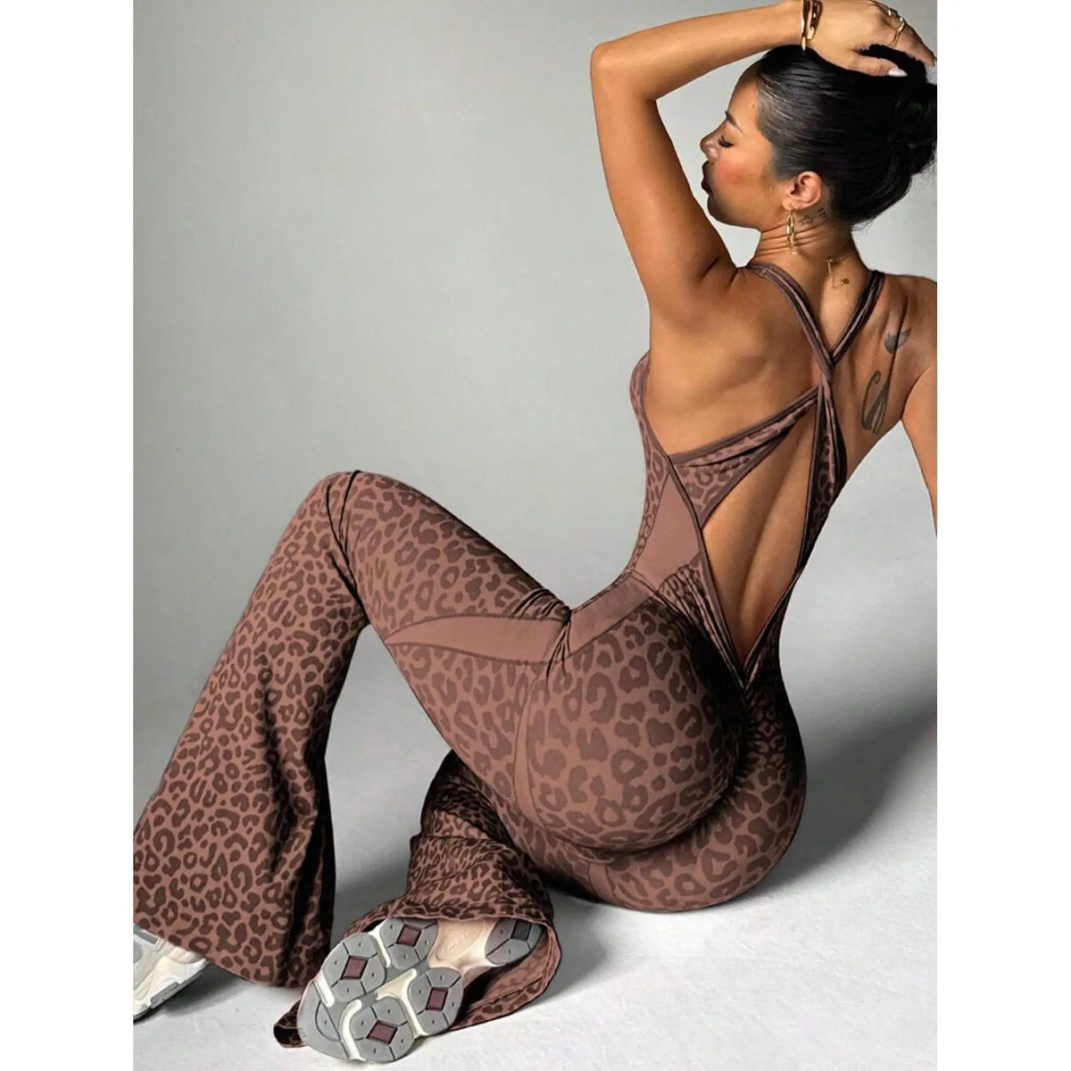 Women's Leopard Print Polyester Workout Jumpsuit with Flared Full Length Legs