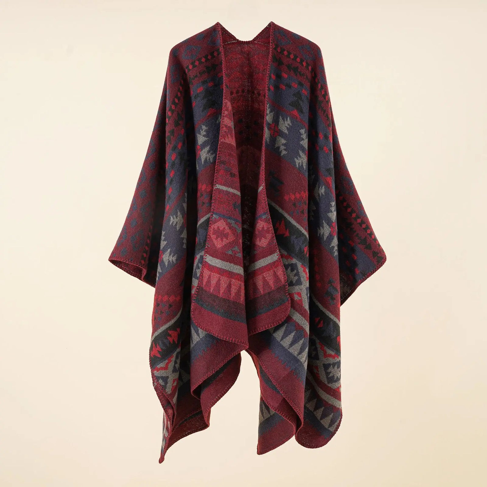 Geometric Pattern Open Front Poncho for Layering over Outfits