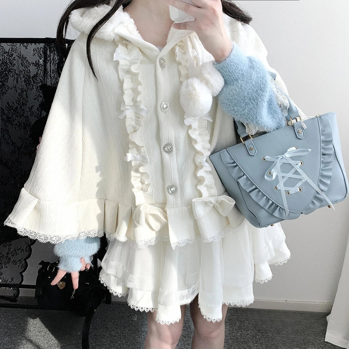 Hooded Bow Ruffle Cape for Layering over Outfits