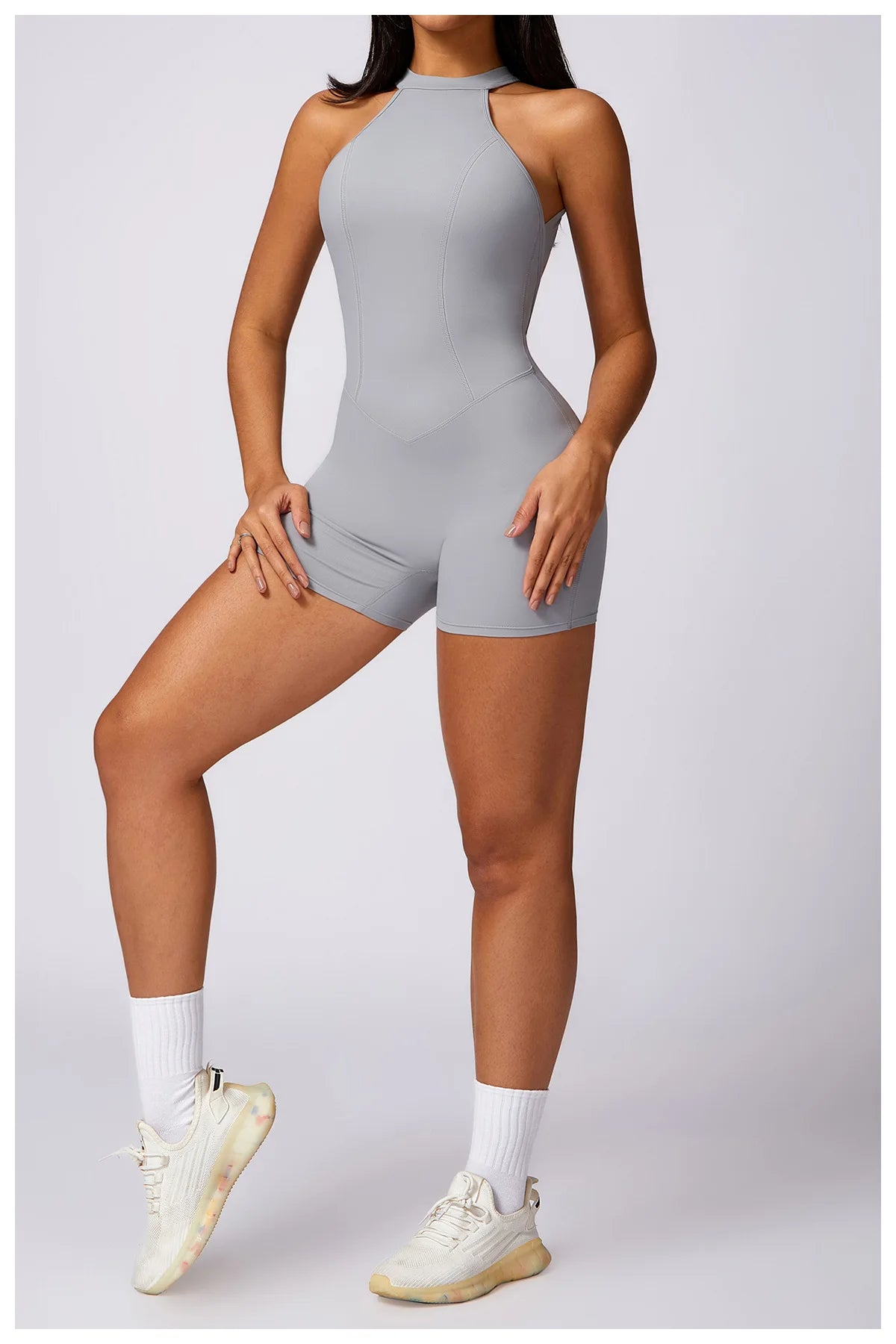 Women's High Neck Nylon Blend Romper with an Open Back