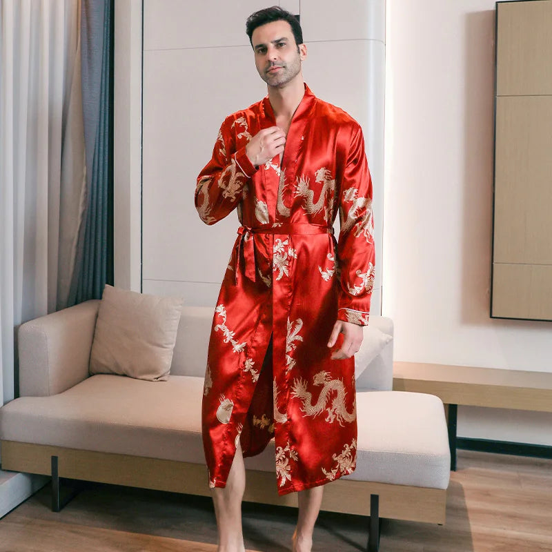 Men's Dragon Print Satin Long Sleeve Tie Waist Bathrobe