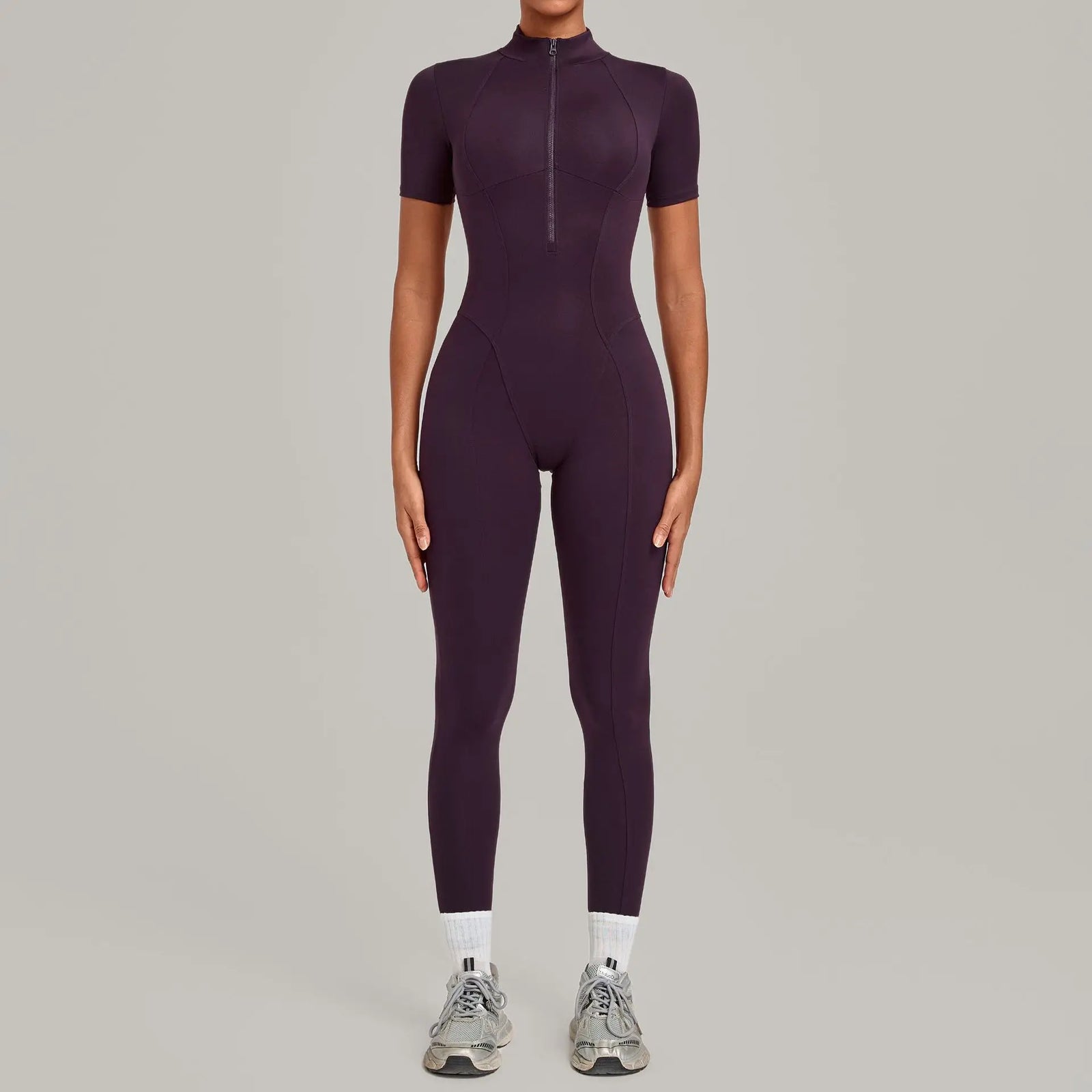 Women's Short Sleeve Nylon Blend Workout Jumpsuit with Stand Collar Zip