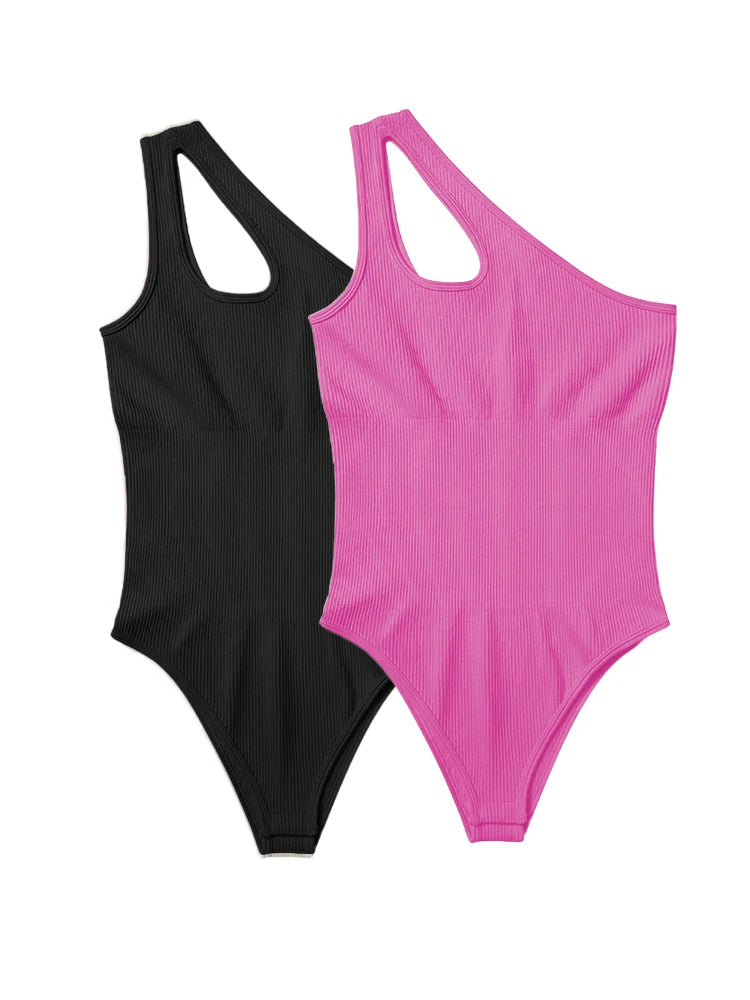 Women's One Shoulder Ribbed Nylon Blend Bodysuit with Strap Cutout