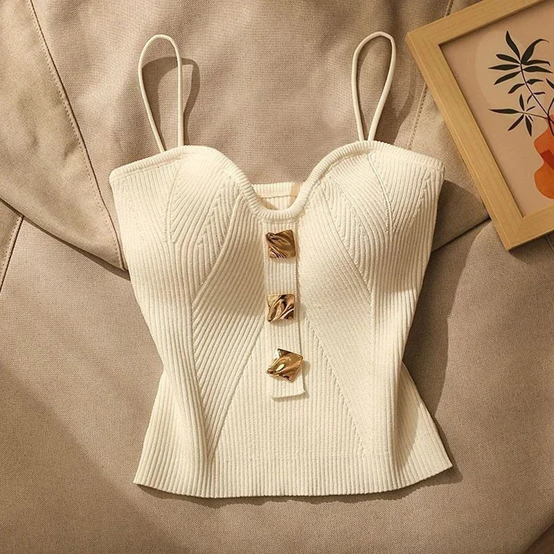 Women's Ribbed Cotton Camisole with Sweetheart Neck and Gold Tone Buttons