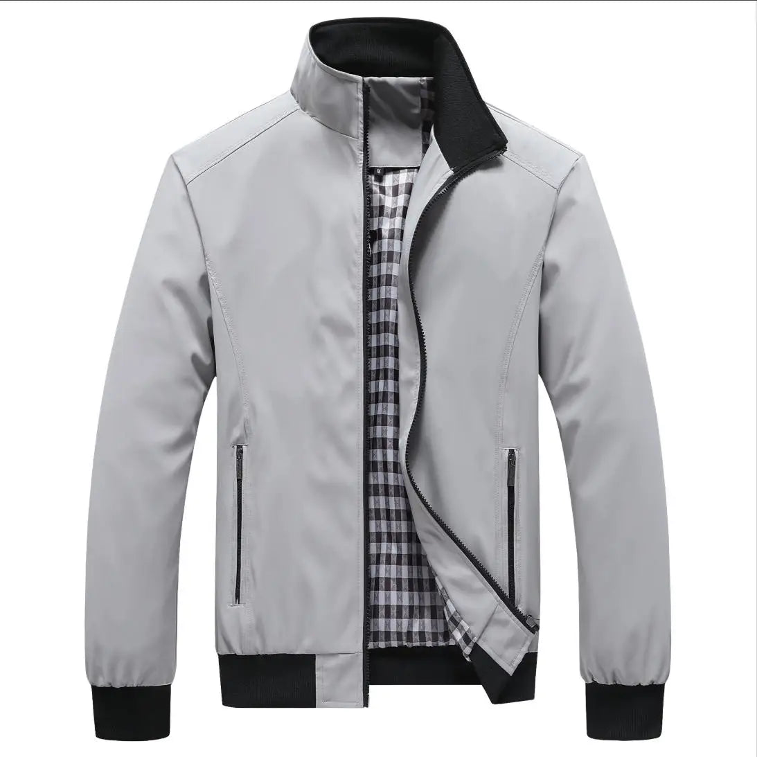 Men's Zip-Front Stand-Collar Jacket with Checked Lining